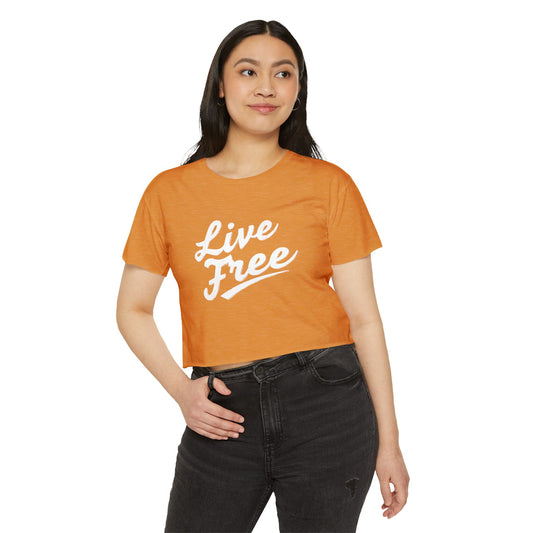 Women's Live Free crop top t-shirt in yellow with soft lightweight fabric and flattering fit - model