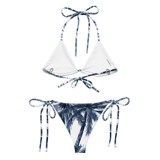 Sunset String Bikini featuring adjustable ties and palm print for a stylish beach look.