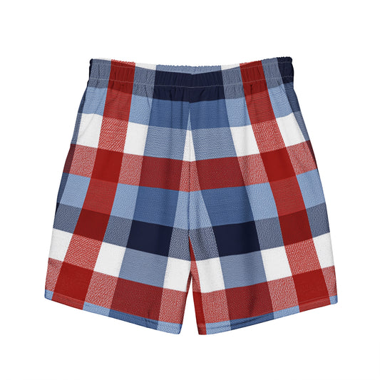 red white and blue gingham men's swim trunks back