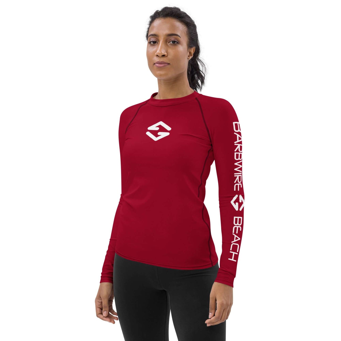 Women's Rash Guard in red for sun protection during outdoor activities like surfing and hiking.