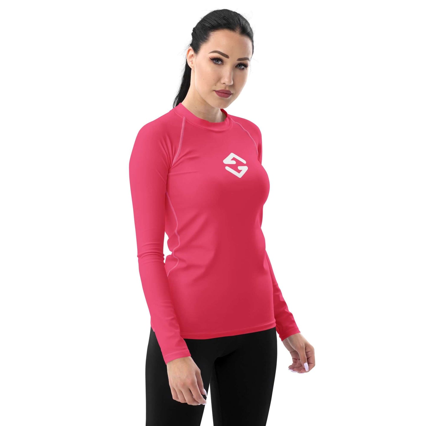 Women wearing a pink Women's Rash Guard featuring long sleeves and a fitted cut for active outdoor protection.