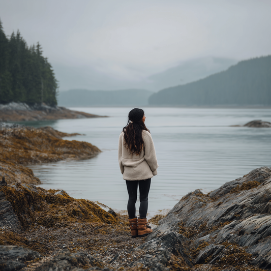Person standing on a rocky shoreline looking out at a misty lake with mountains in the background. Women's Sherpa Pullover – Cozy 1/4 Zip Fleece in Oatmeal | Barbwire Beach