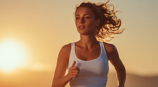 Woman running on a beach at sunset