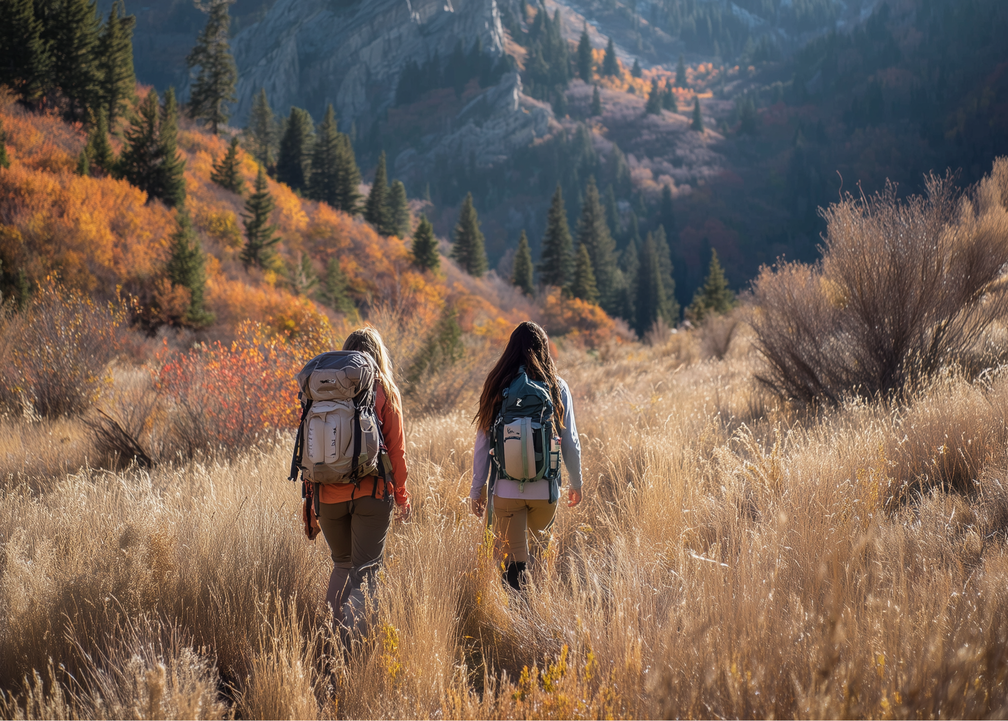 Two hikers with backpacks walking through a mountainous landscape with autumn foliage.