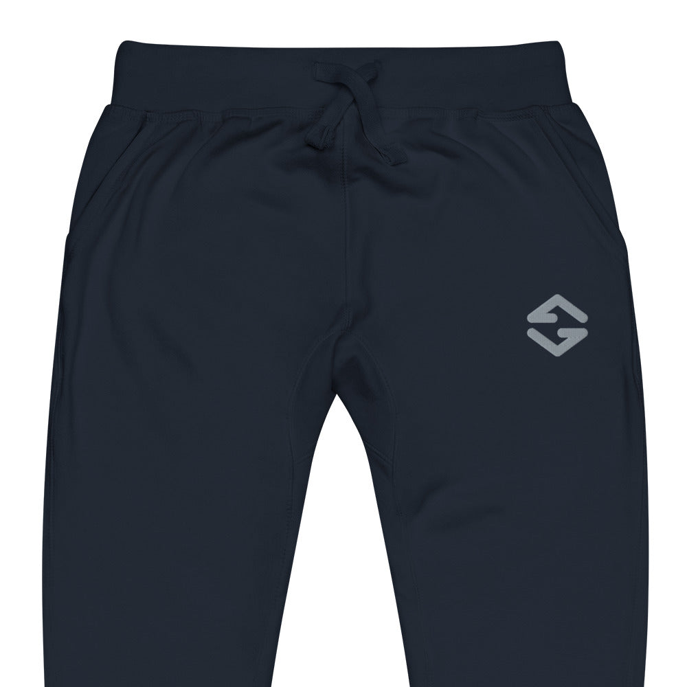 Unisex fleece sweatpants in black with soft fabric, elastic waistband, and relaxed fit navy close up