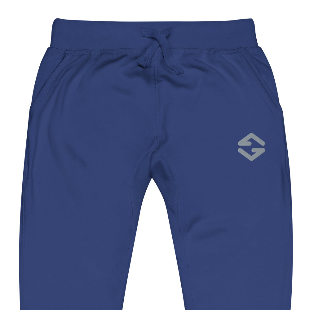 Unisex fleece sweatpants in black with soft fabric, elastic waistband, and relaxed fit blue close up