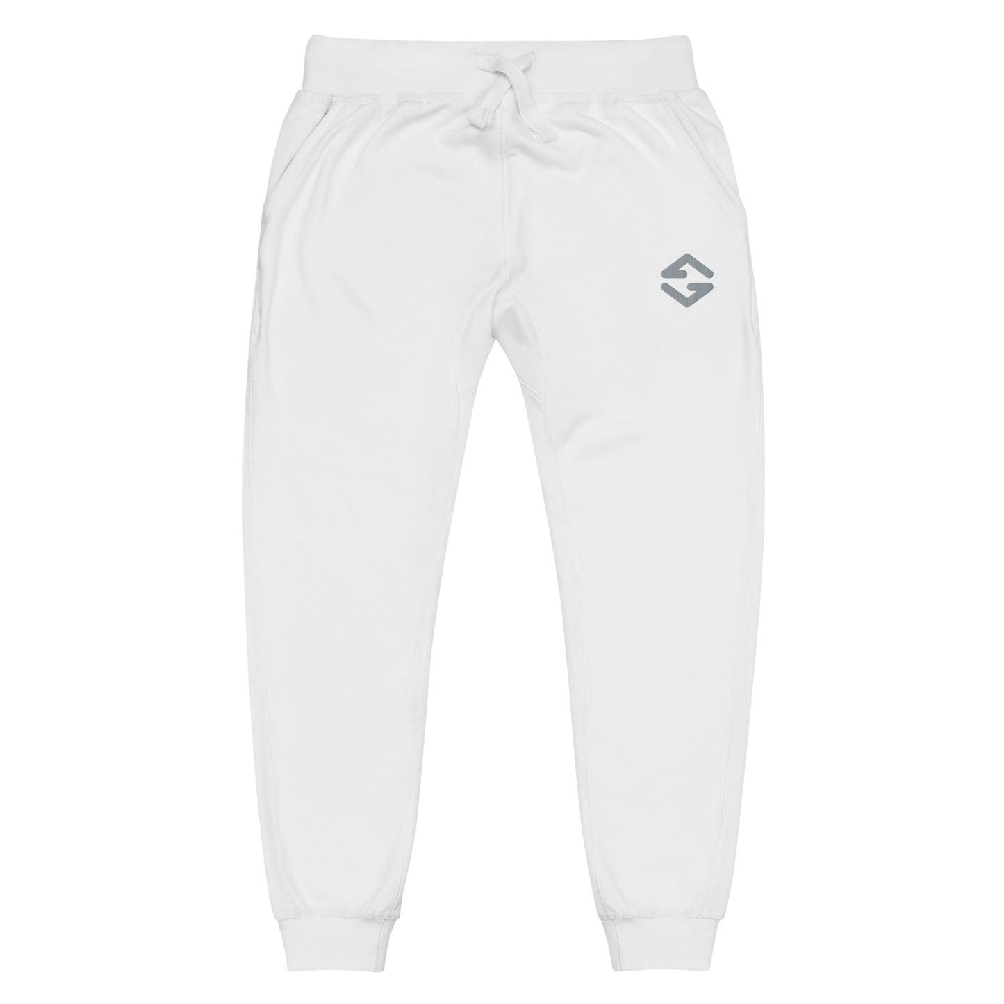 Unisex fleece sweatpants in black with soft fabric, elastic waistband, and relaxed fit white full