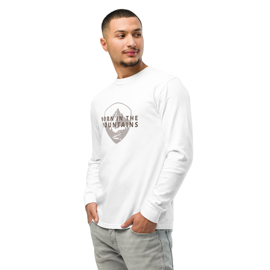 Long Sleeve T-Shirt – Born in the Mountains Tee Born in the Mountains white long sleeve tee in soft cotton with relaxed fit and ribbed cuffs - male