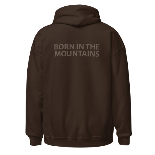 Born in the Mountains hoodie in soft cotton blend with front pocket and drawstring hood brown front back