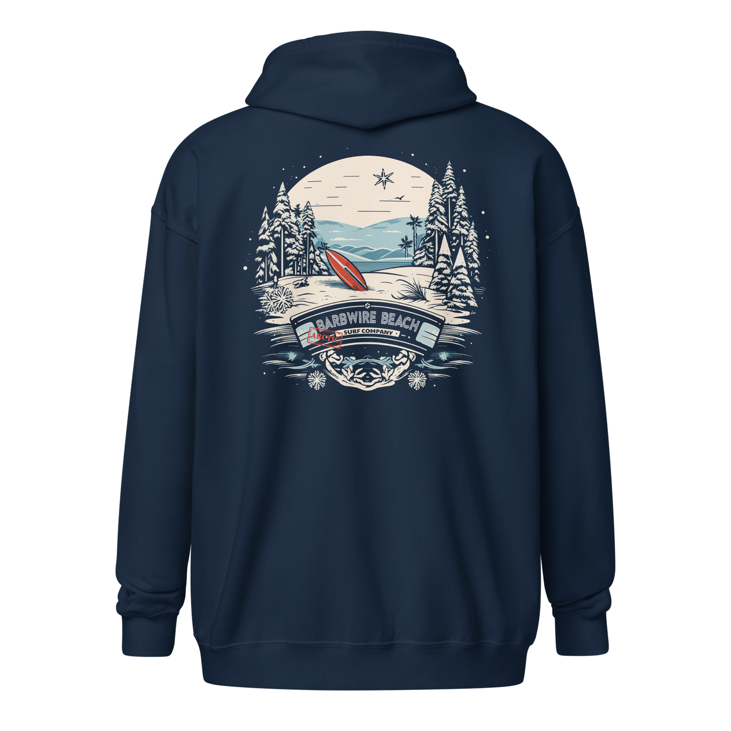 Zip-Up Hoodie – Arctic Surf Company | Barbwire Beach Arctic Surf Co Zip Up Hoodie navy with pockets- back