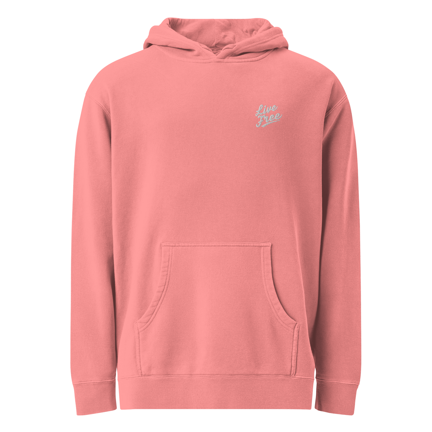 Product mockupUnisex Live Free hoodie in black with soft cotton-blend fabric and front pocket - Pink