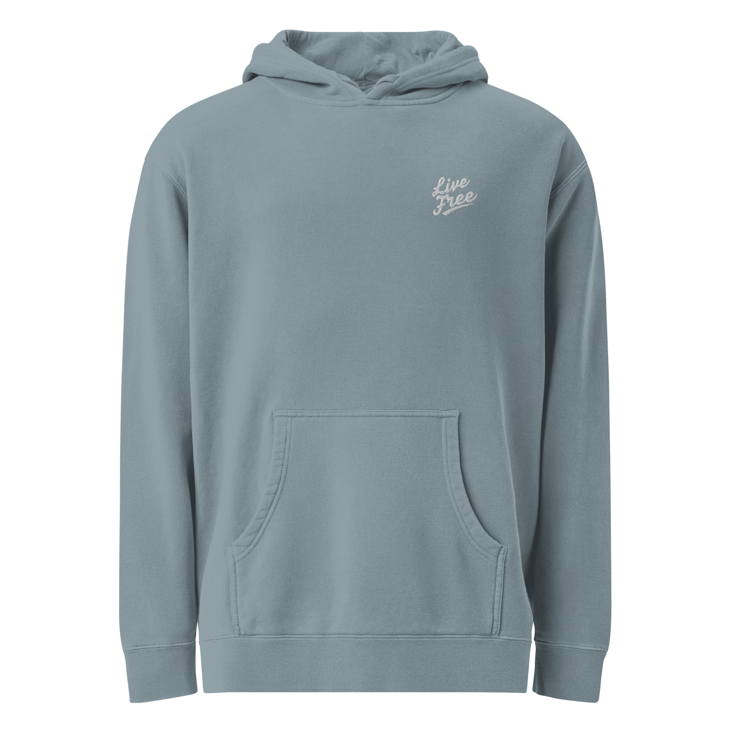 Product mockupUnisex Live Free hoodie in black with soft cotton-blend fabric and front pocket - Sage
