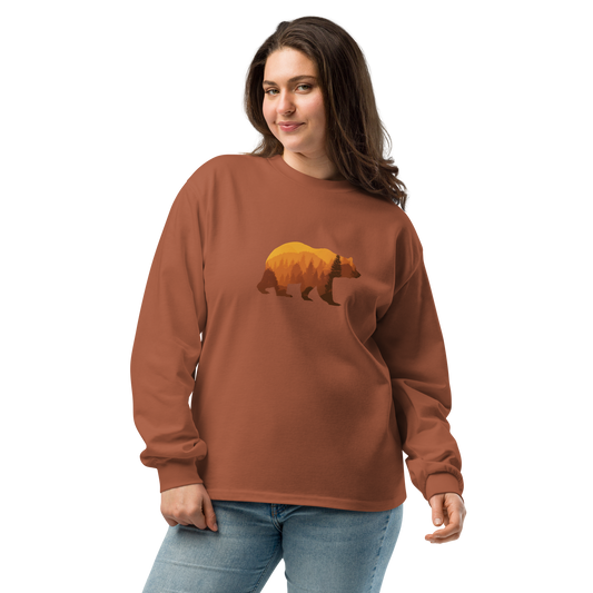 unisex Bear Country Fall heavyweight long sleeve shirt in cotton with relaxed fit and ribbed cuffs burnt orange - female