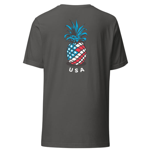Patriotic Pineapple Red White and blue graphic tee in soft cotton with classic fit and short sleeves gray back