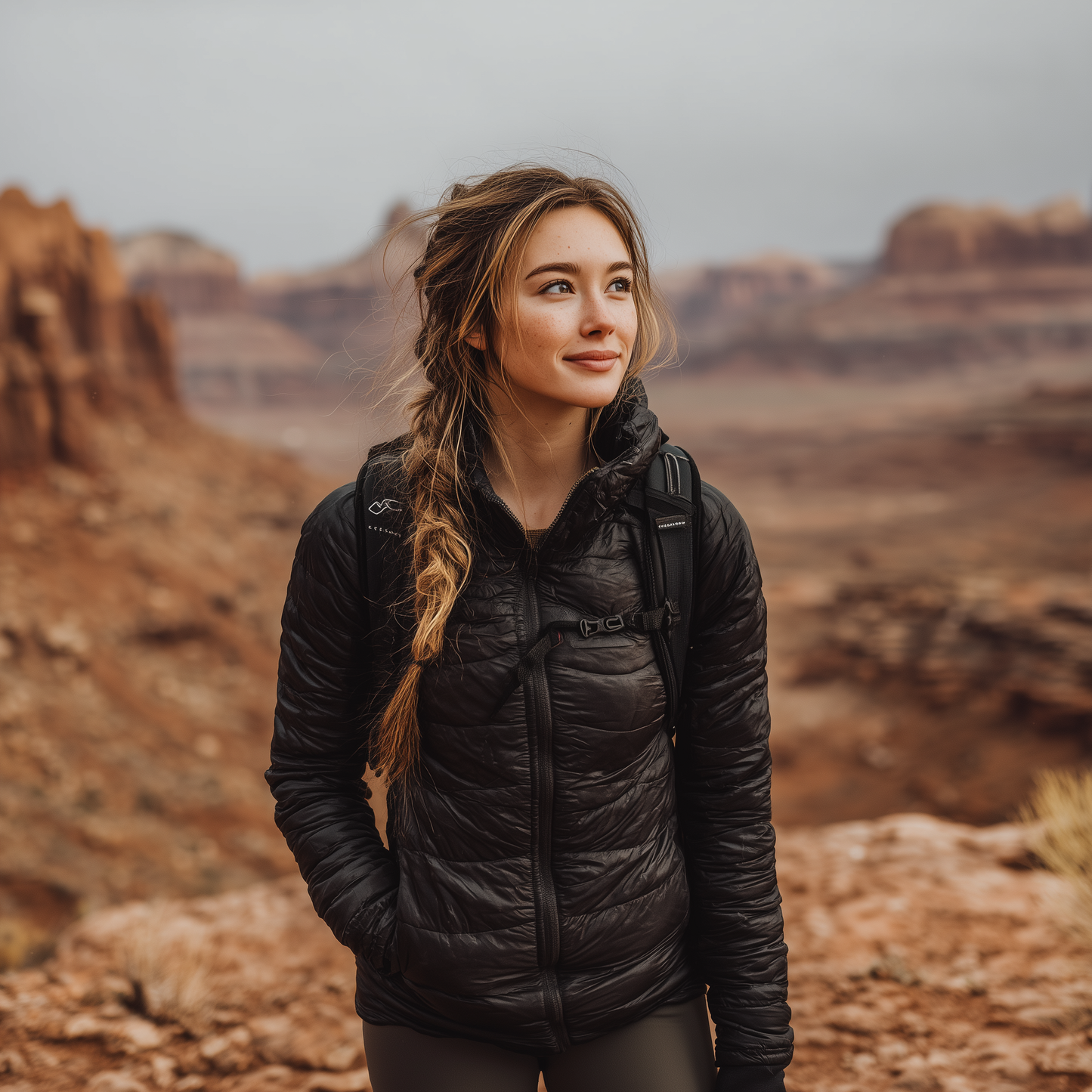 Women's Puffer Jacket in Black – Lightweight Adventure Coat Woman in a black jacket standing in a desert landscape