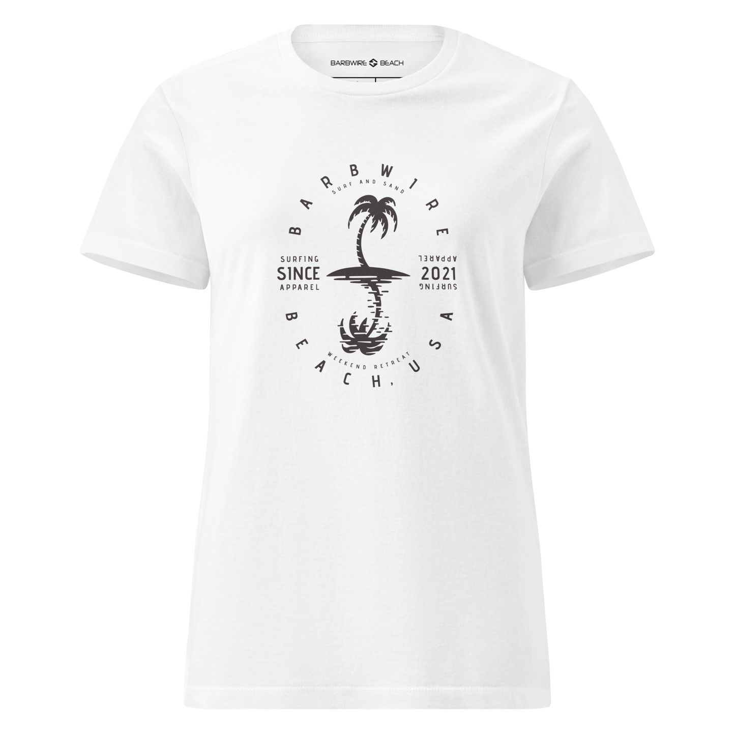 Women's T-Shirt – Palm Tree Tee | Barbwire Beach Island graphic tee in white with soft cotton fabric and classic fit