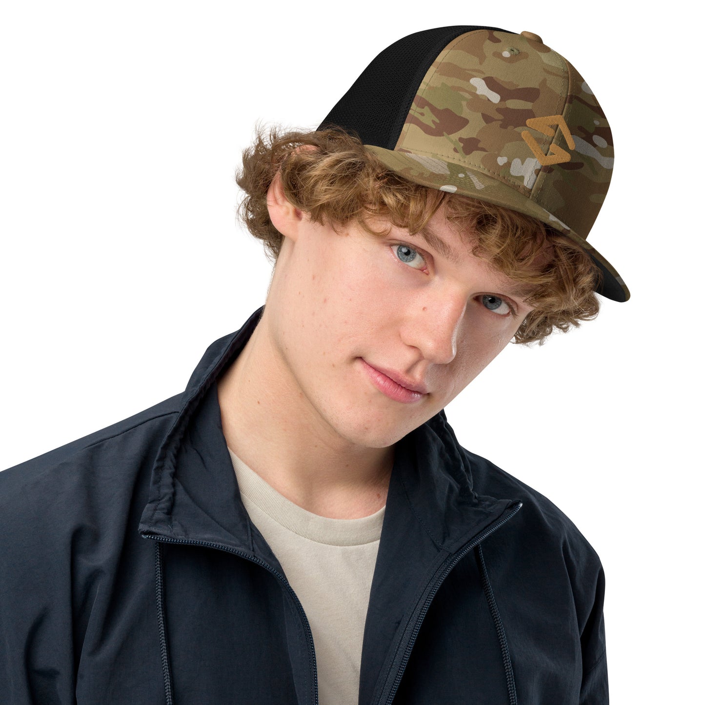 Trucker cap in green camo with mesh back, curved brim, and adjustable snap closure - front