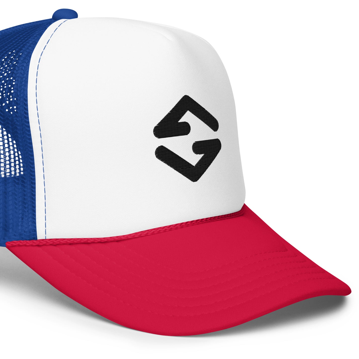 Trucker cap in red white and blue with mesh back, curved brim, and adjustable snap closure - front