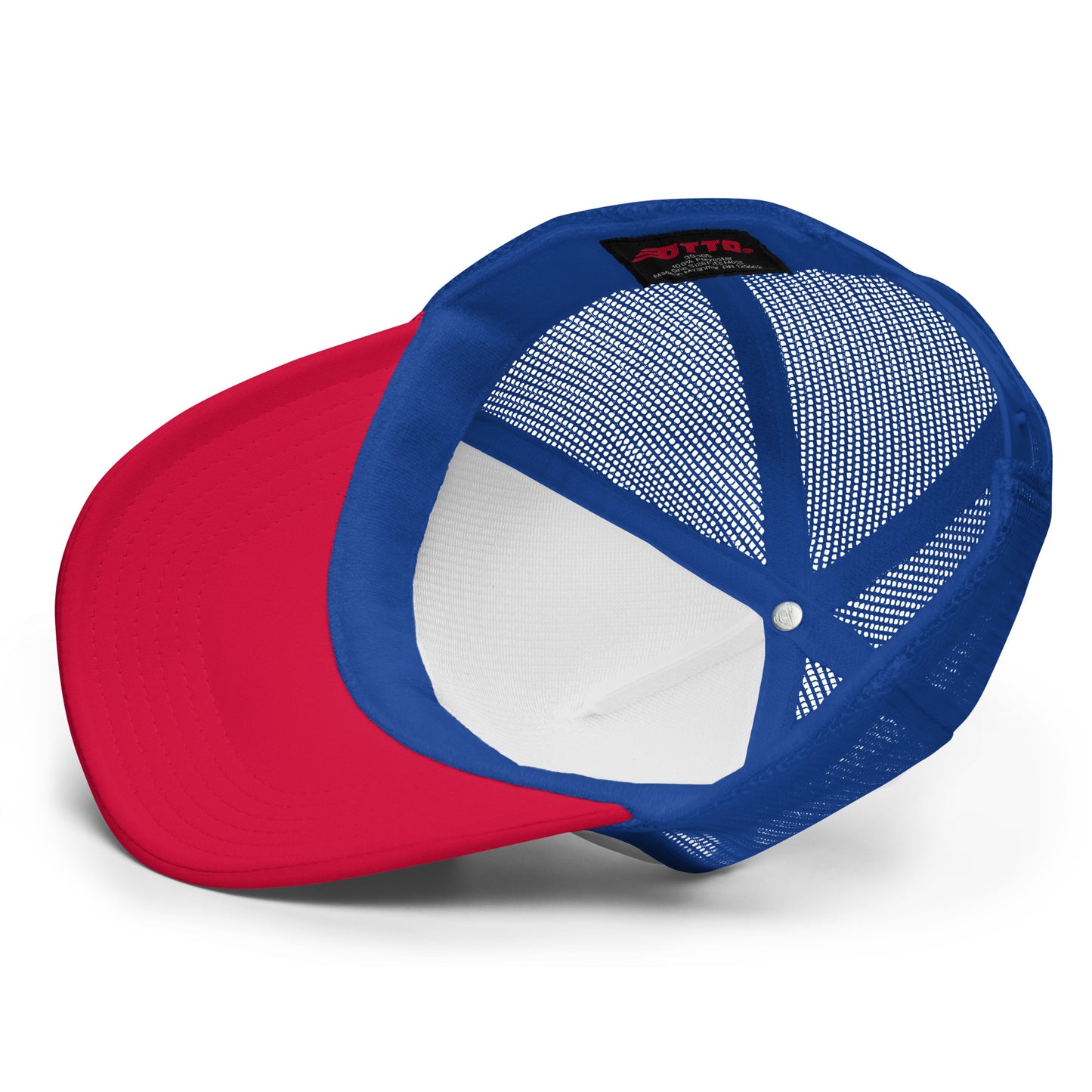 Trucker cap in red white and blue with mesh back, curved brim, and adjustable snap closure - inside