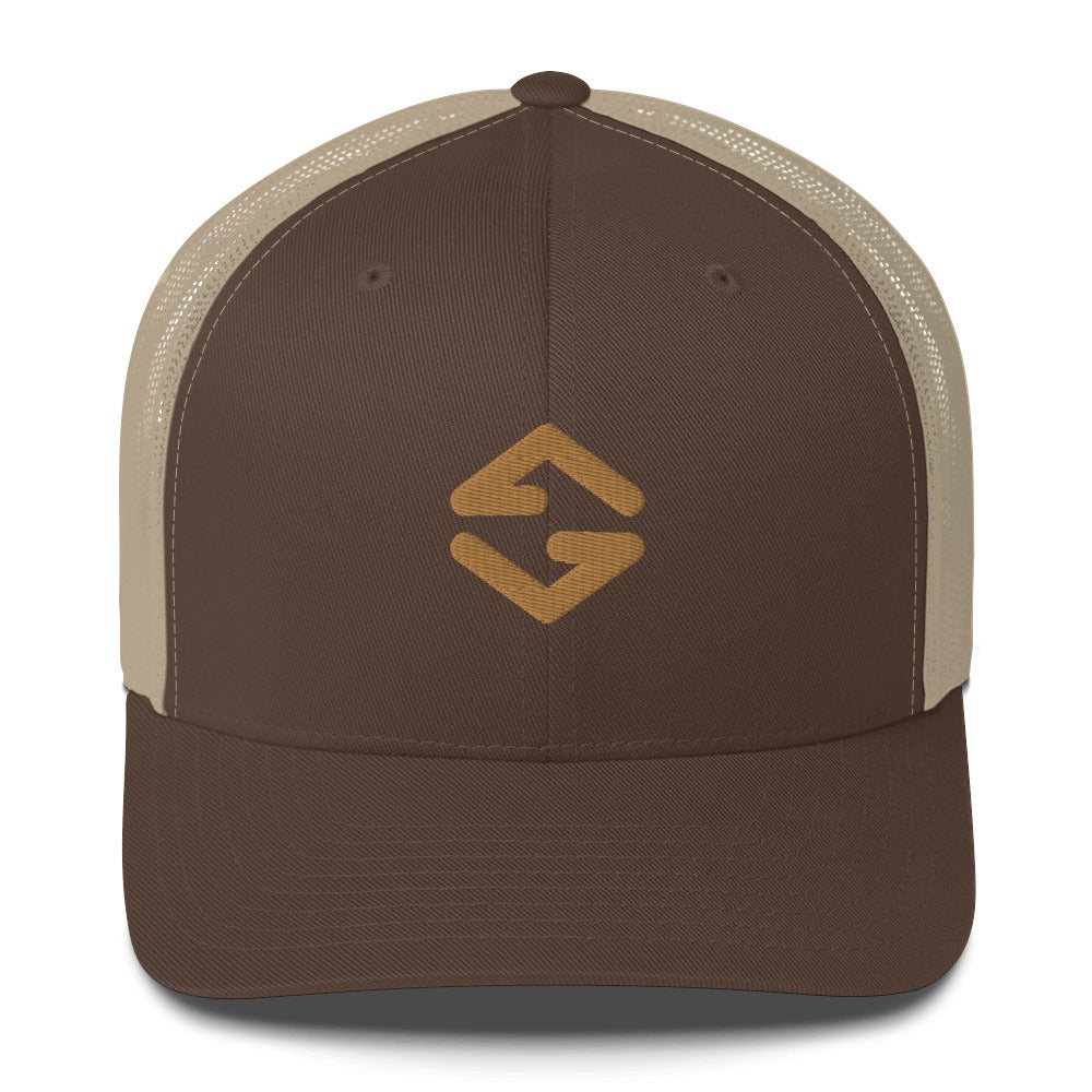 Trucker cap in brown with mesh back, curved brim, and adjustable snap closure