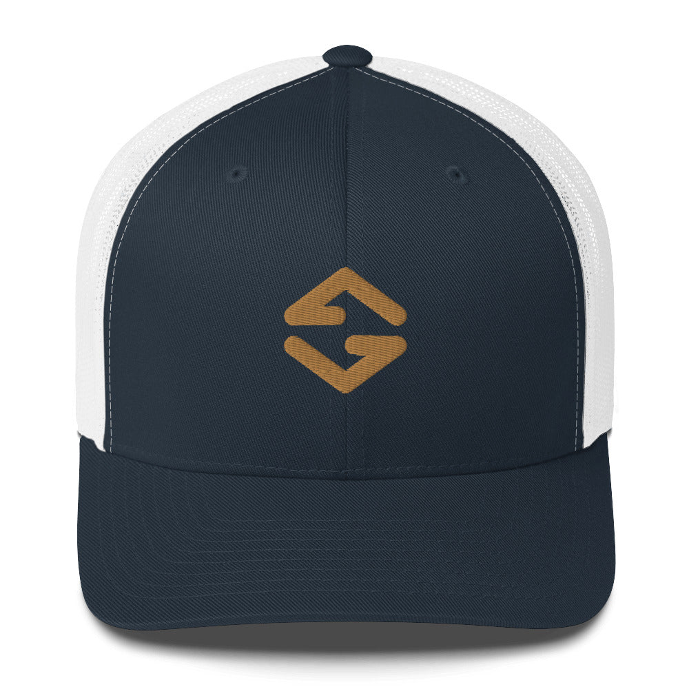 Trucker cap in blue with mesh back, curved brim, and adjustable snap closure