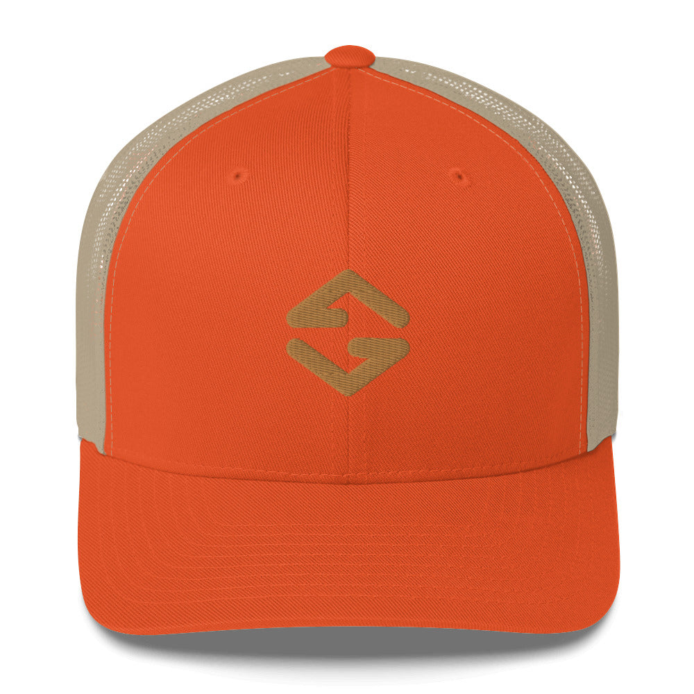 Trucker cap in orange with mesh back, curved brim, and adjustable snap closure