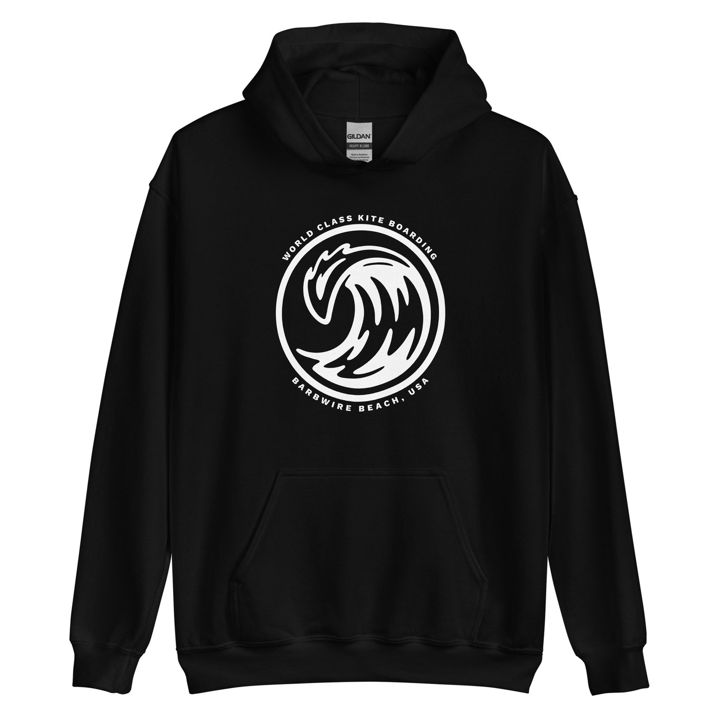 Surf hoodie in black with soft cotton blend fabric, drawstring hood, and front pocket
