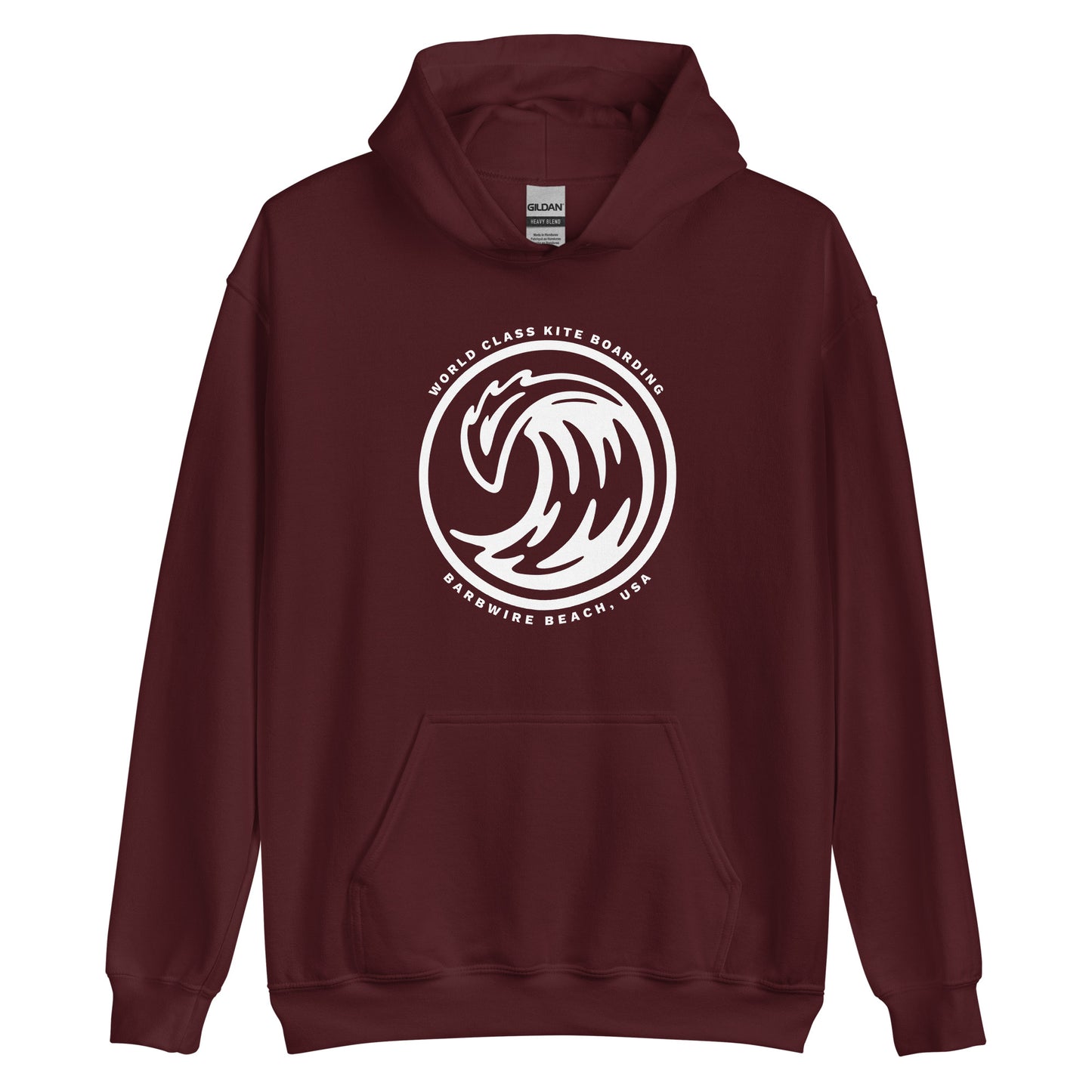 Surf hoodie in maroon with soft cotton blend fabric, drawstring hood, and front pocket