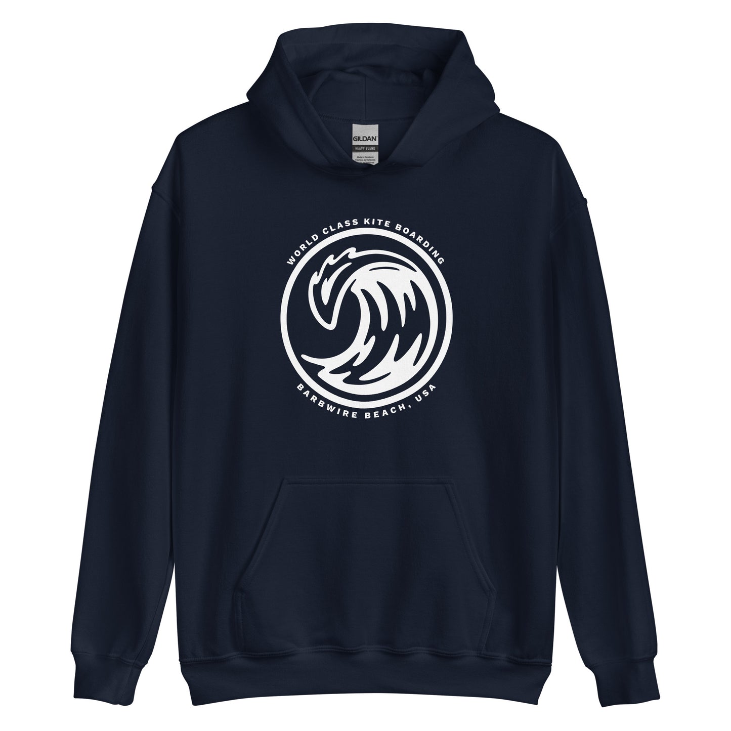 Surf hoodie in navy with soft cotton blend fabric, drawstring hood, and front pocket
