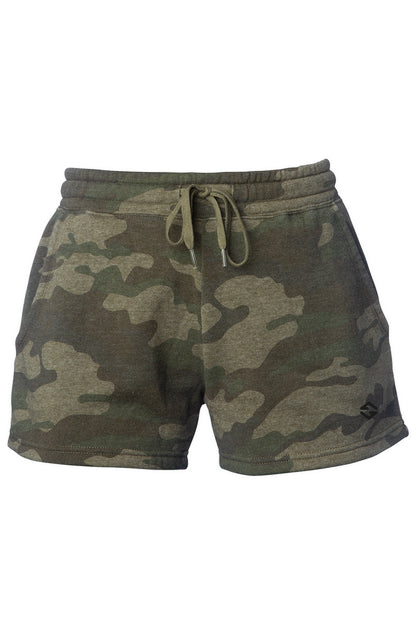 Wave Wash shorts in blue with soft fleece fabric and relaxed fit Forest Camo Heather Shorts Women's Shorts – Cali Wave Wash Shorts in Forest Camo | Barbwire Beach