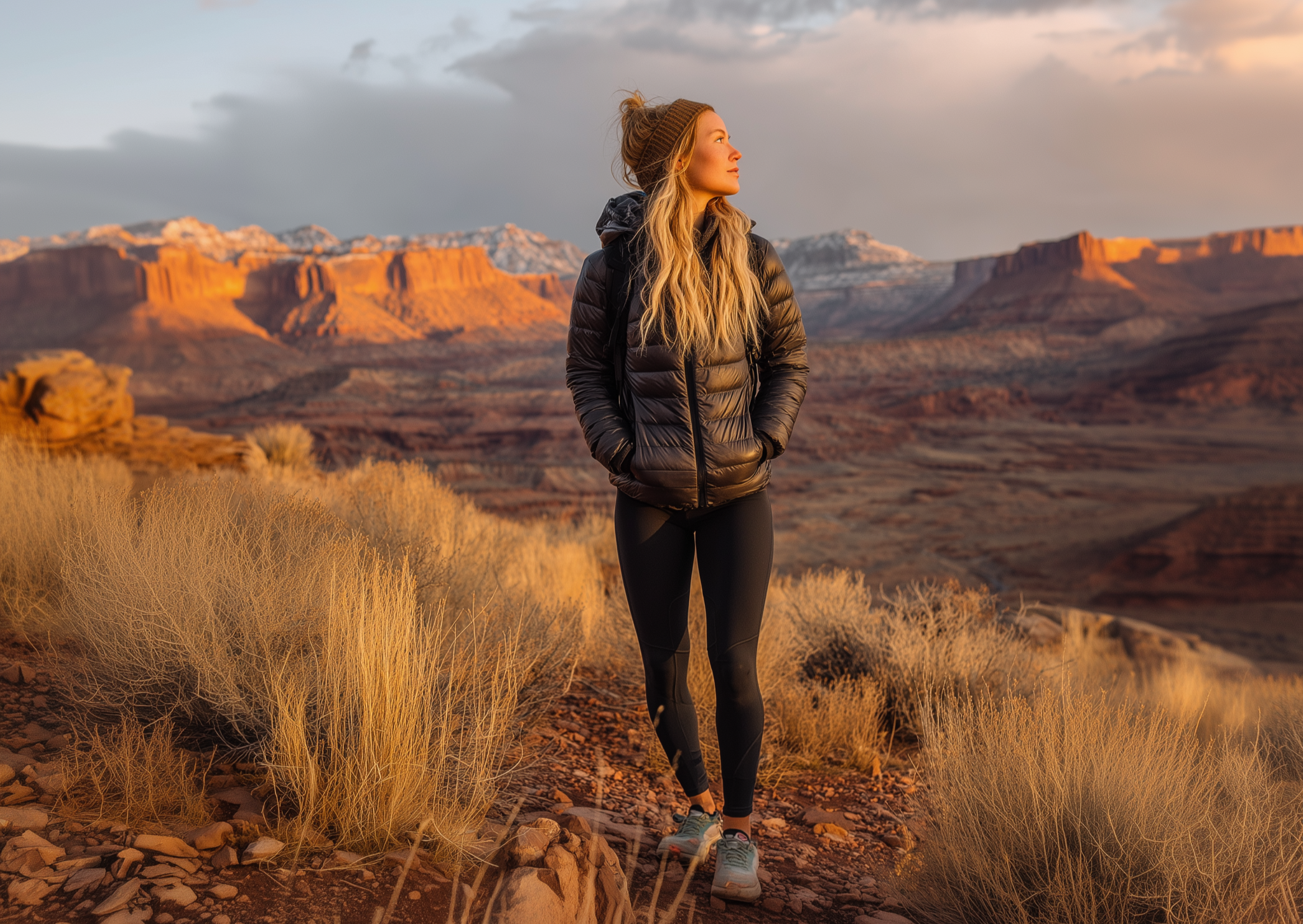 Women's Puffer Jacket in Black – Lightweight Adventure Coat Person standing in a desert landscape with mountains in the background