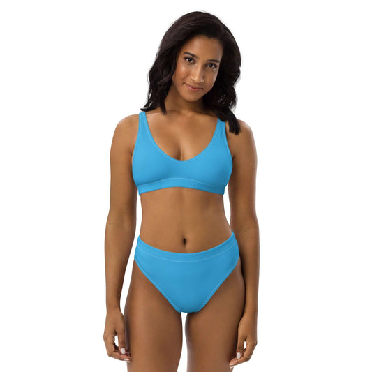 Blue high waisted bikini set with supportive fit and UPF 50+ swim fabric - Front