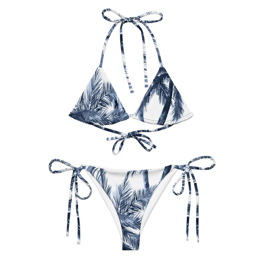 Sunset String Bikini featuring a tropical palm print design with adjustable ties for ultimate comfort and style.