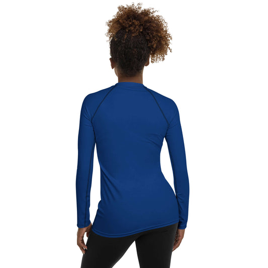 Back view of a woman wearing Women's Rash Guard in Signature Blue with long sleeves.