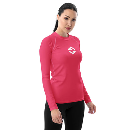 Women wearing a pink Women's Rash Guard featuring long sleeves and a fitted cut for active outdoor protection.