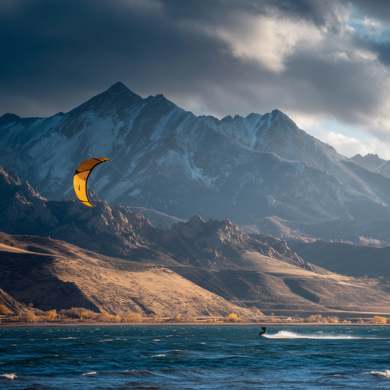 Person kite surfing on a lake with mountains in the background