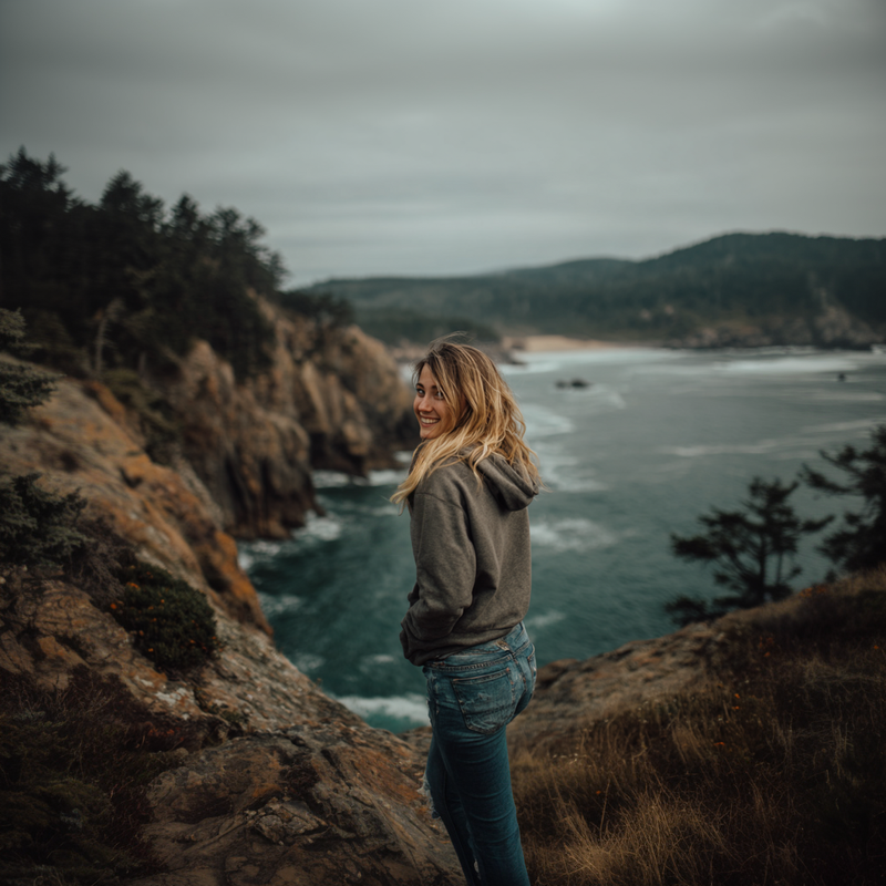Person standing on a cliff overlooking the ocean with a hooded jacket and jeans.