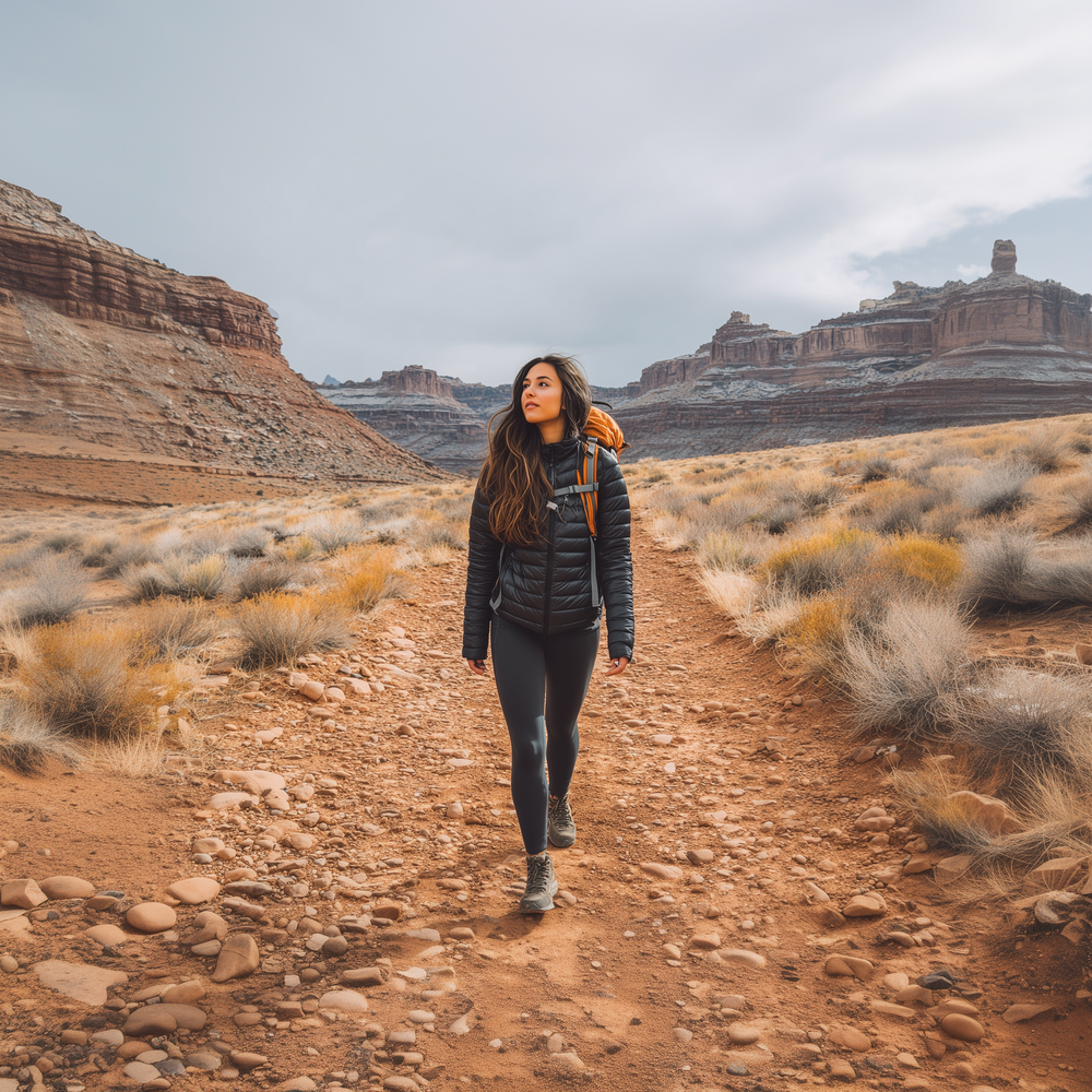 Woman hiking on a desert trail with rocky formations and sparse vegetation.