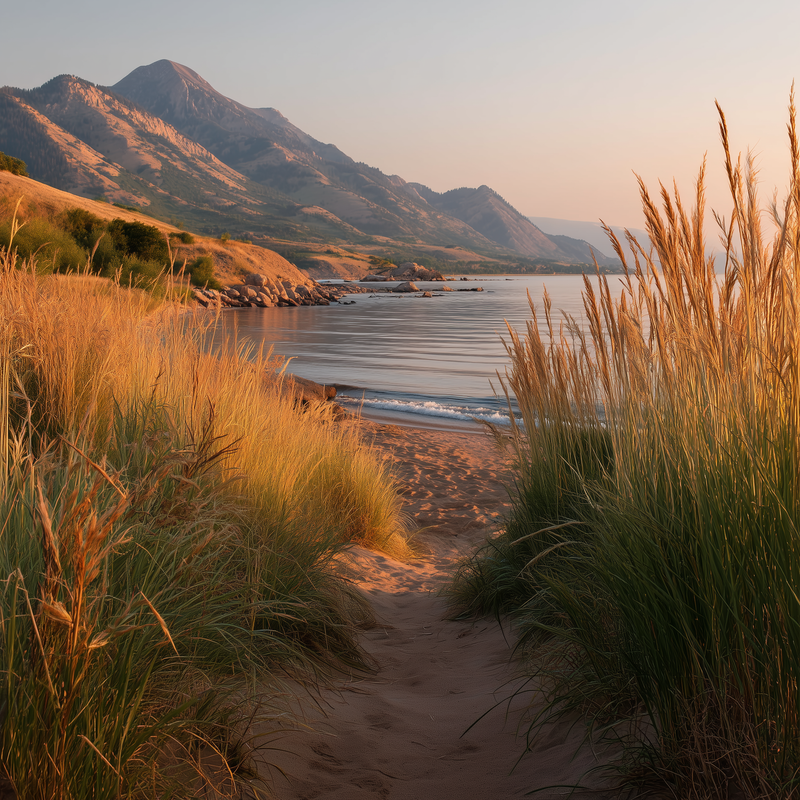 Pathway leading to a beach with mountains in the background during sunset.