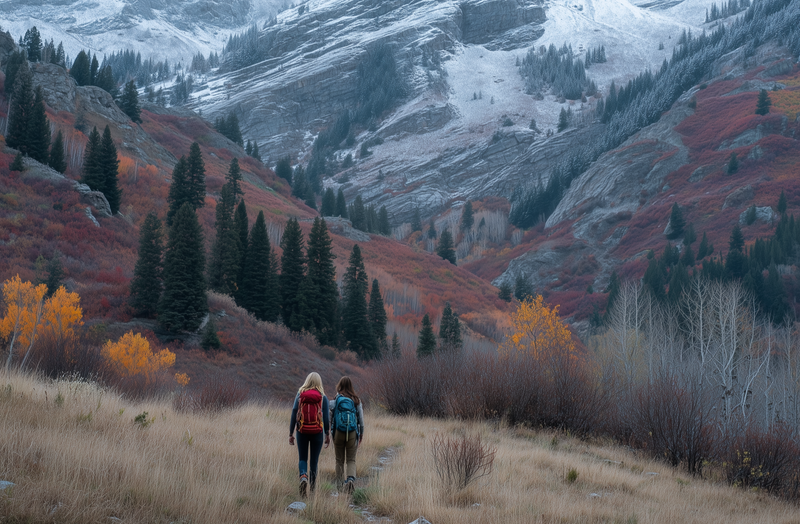 women hiking in the fall mountains