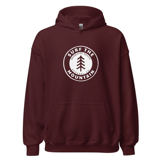 Surf the Mountain hoodie in black with soft cotton blend fabric and front pocket - maroon