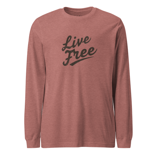 Live Free long sleeve tee in black with lightweight cotton fabric and ribbed cuffs - pink
