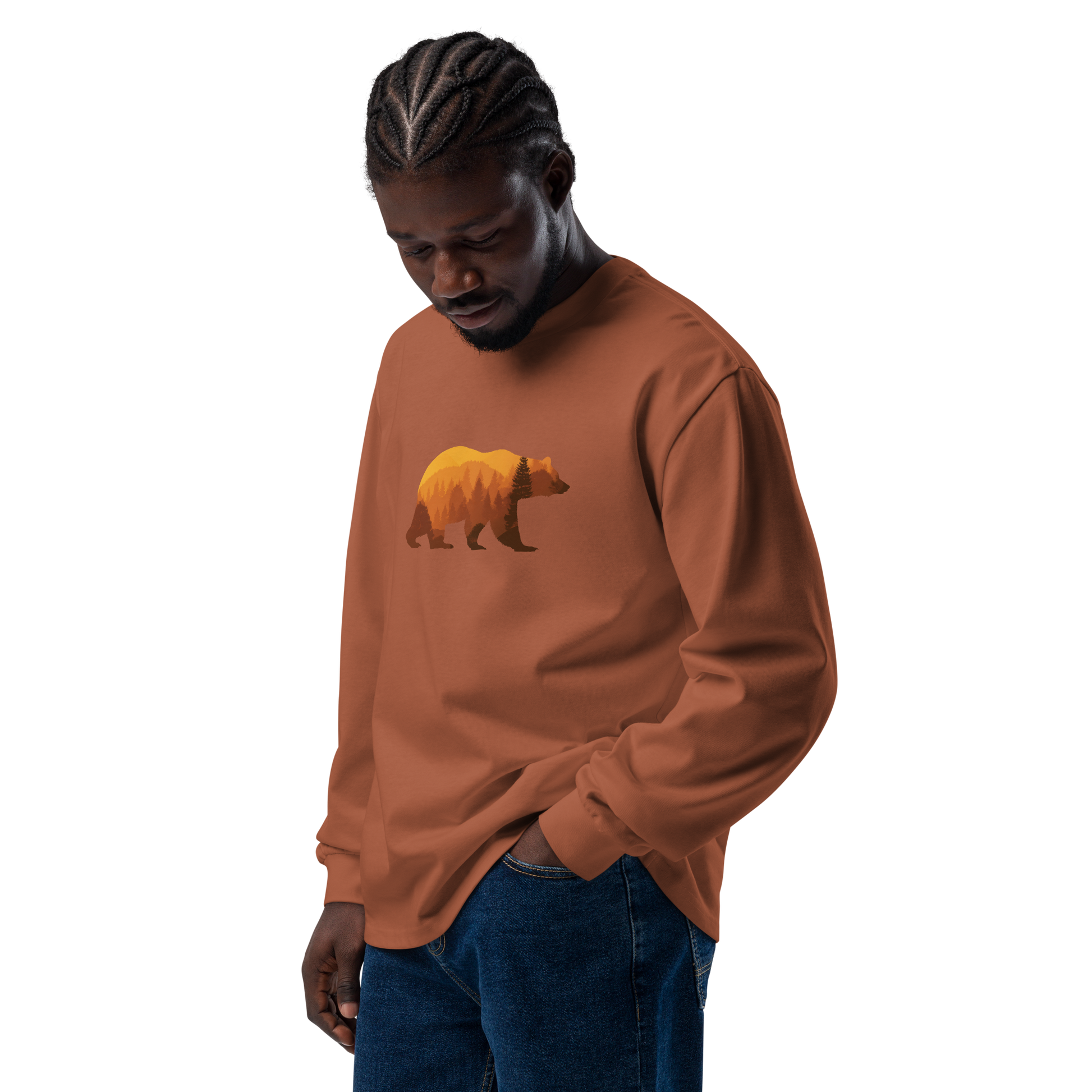 unisex Bear Country Fall heavyweight long sleeve shirt in cotton with relaxed fit and ribbed cuffs burnt orange - male