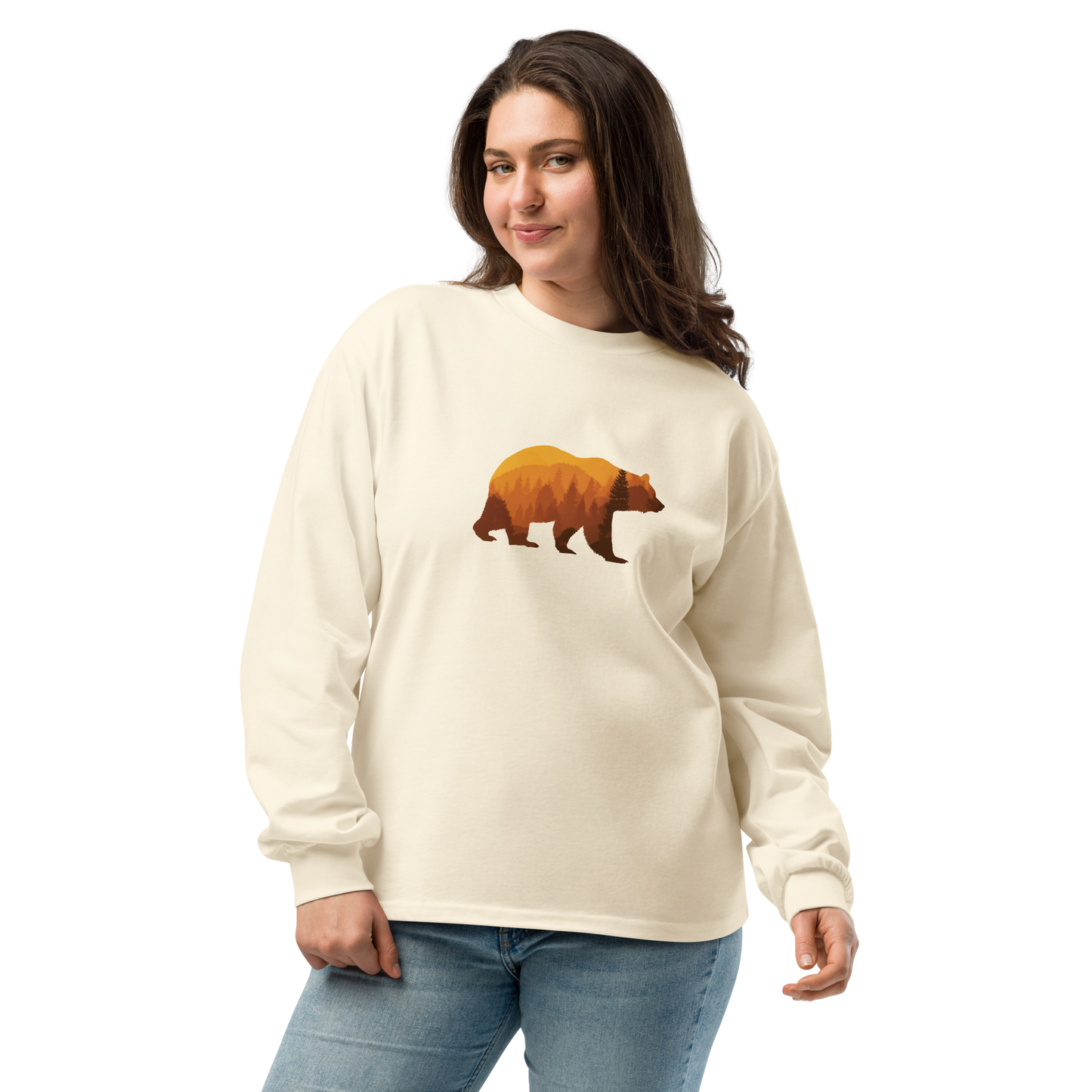 unisex Bear Country Fall heavyweight long sleeve shirt in cotton with relaxed fit and ribbed cuffs cream - female