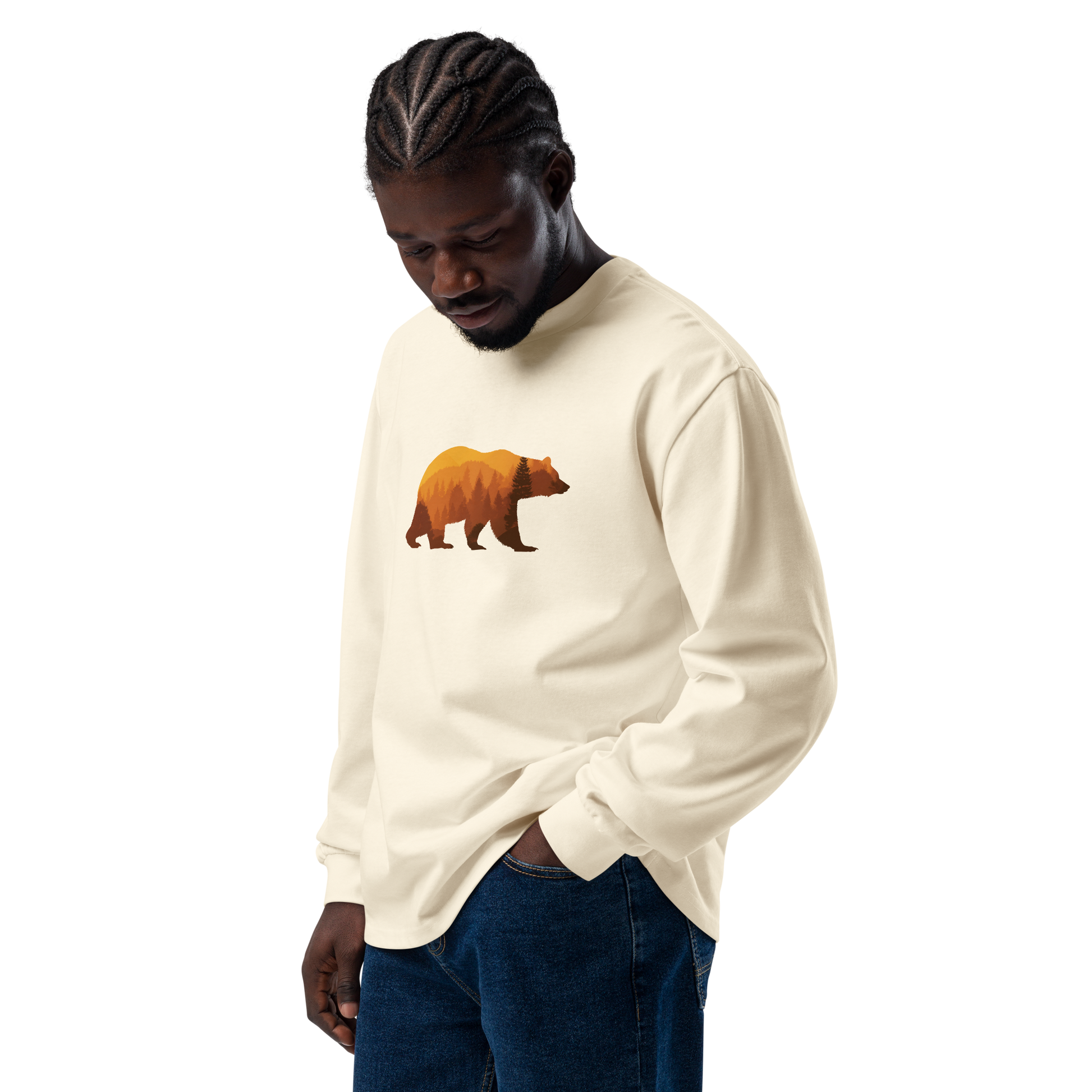 unisex Bear Country Fall heavyweight long sleeve shirt in cotton with relaxed fit and ribbed cuffs cream - male