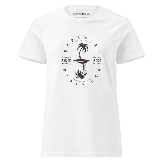 Women's T-Shirt – Palm Tree Tee | Barbwire Beach Island graphic tee in white with soft cotton fabric and classic fit
